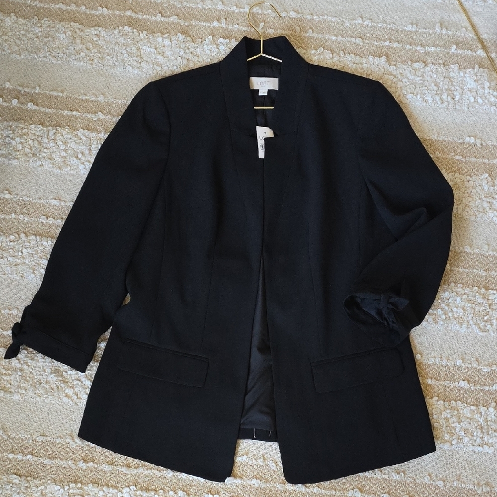 LOFT Black Open-Front Collarless Open Front Blazer Tie Cuffs Small